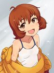  :3 :d ahoge bare_shoulders brown_eyes brown_hair camisole collarbone eyebrows eyebrows_visible_through_hair idolmaster idolmaster_cinderella_girls looking_at_viewer motion_lines open_mouth short_hair smile solo sparkle sweat ueda_suzuho 