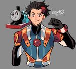  bodysuit character_name commentary edward_the_blue_engine grey_background hair_slicked_back kendy_(revolocities) male_focus multicolored_hair personification pilot_suit pointing pointing_at_self red_eyes scar simple_background smile solo streaked_hair thomas_the_tank_engine upper_body 
