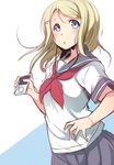  ajishio ayase_arisa blonde_hair blue_eyes blush digital_media_player ipod long_hair love_live! love_live!_school_idol_project school_uniform serafuku sketch solo 