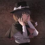  amino_(tn7135) ascot barbed_wire black_capelet black_hair bow brown_eyes brown_hair capelet commentary_request fedora gradient_hair hat hat_bow high-waist_skirt highres long_sleeves looking_away multicolored_hair parted_lips shirt short_hair skirt solo touhou upper_body usami_renko white_bow white_shirt 