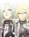  bad_id bad_pixiv_id black_gloves blonde_hair brown_eyes closed_mouth gloves gradient gradient_background green_hair hair_over_one_eye hand_on_own_chest higekiri_(touken_ranbu) hizamaru_(touken_ranbu) kitanorth8 male_focus multiple_boys open_mouth smile split_screen touken_ranbu 