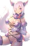  aguy alternate_costume animal_costume animal_ears bare_shoulders blush bow breasts claws cleavage dangerous_beast elbow_gloves eyes_visible_through_hair fate/grand_order fate_(series) fur-trimmed_gloves fur-trimmed_legwear fur_trim gloves hair_over_one_eye halloween_costume hand_on_own_stomach lace lips looking_at_viewer mash_kyrielight medium_breasts purple_eyes purple_gloves purple_hair purple_legwear revision shiny shiny_skin sidelocks simple_background smile solo tail thighhighs white_background wolf_costume wolf_ears wolf_tail 