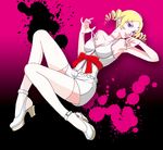  blonde_hair blue_eyes breasts catherine catherine_(game) choker cleavage demon_girl drill_hair full_body high_heels lace lace-trimmed_thighhighs lipstick looking_at_viewer makeup ribbon solo thighhighs twin_drills twintails white_legwear 