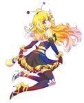  bee bee_costume blonde_hair bug commentary curly_hair dress full_body halloween halloween_costume iesupa insect insect_girl long_hair purple_eyes rwby smile solo yang_xiao_long 