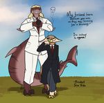  avian bird black_eyes blonde_hair brown_feathers brown_skin cigarette clothing cloud eyewear feathers feretta fish glasses grass grin hair kalie marine necktie owl pink_eyes politics president sha_vida shark sky smoking suit tale_of_tails 