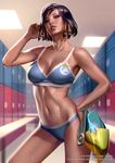  black_hair breasts cleavage contrapposto cowboy_shot dark_skin eyeshadow facial_tattoo hand_on_hip headwear_removed helmet helmet_removed holding holding_helmet huge_breasts locker locker_room logo looking_at_viewer makeup md5_mismatch overwatch panties pharah_(overwatch) realistic short_hair smile solo sports_bra standing sweat tattoo underwear watermark web_address zumi_(zumidraws) 