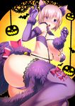  animal_ears ass bat blush breasts claw_pose dangerous_beast elbow_gloves emanon123 fate/grand_order fate_(series) fingernails fur_trim gloves hair_over_one_eye halloween_costume highres jack-o'-lantern large_breasts looking_at_viewer mash_kyrielight open_mouth panties paw_pose purple_eyes purple_gloves purple_hair purple_legwear purple_panties sharp_fingernails short_hair solo tail thighhighs underwear wolf_ears wolf_tail 