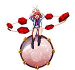  absurdres baba_(baba_seimaijo) belt boots commentary_request drum drumsticks full_body highres horikawa_raiko instrument jacket mitsudomoe_(shape) necktie open_mouth plaid plaid_shirt red_eyes red_hair shirt short_hair solo tachi-e taiko_drum tomoe_(symbol) touhou transparent_background 