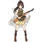  black_hair black_legwear boots brown_eyes cape full_body girls_frontline grin gun holding holding_gun holding_weapon ponytail smile solo standing tomato_(lsj44867) trigger_discipline type_63_assault_rifle type_63_assault_rifle_(girls_frontline) weapon white_cape 