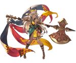  animal_ears aqua_eyes axe bag bare_shoulders dark_skin erune feathers flower full_body gloves granblue_fantasy grey_hair hair_ornament holding holding_weapon huge_weapon long_hair looking_at_viewer minaba_hideo nemone official_art pelvic_curtain sandals smile solo thighhighs transparent_background weapon 