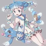  ahoge bag bead_bracelet beads blue_eyes blue_hair bracelet brionne fang food gen_7_pokemon hair_bobbles hair_ornament handbag ice_cream jewelry male_focus moemon open_mouth otoko_no_ko personification pink_pupils pokemon pokemon_(creature) s_(happycolor_329) short_twintails slit_pupils twintails 