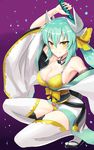  absurdres bare_shoulders breasts c3yooooo cleavage fate/grand_order fate_(series) gradient gradient_background green_hair hair_ribbon highres kiyohime_(fate/grand_order) kiyohime_(swimsuit_lancer)_(fate) large_breasts long_hair looking_at_viewer purple_background ribbon solo squatting strap_gap thighhighs white_legwear yellow_eyes yellow_ribbon 