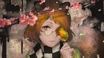  amino_(tn7135) animal_ears bracelet brown_hair cherry_blossoms closed_mouth covering_one_eye forbidden_scrollery futatsuiwa_mamizou glasses highres japanese_clothes jewelry kimono kiseru leaf light_smile long_sleeves looking_at_viewer orange_eyes pince-nez pipe plaid plaid_scarf portrait raccoon_ears raccoon_tail scarf short_hair solo tail touhou wide_sleeves 