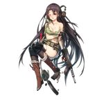 ;o ass bare_shoulders black_gloves black_hair black_legwear blush boots breasts bullet canteen chilunchilun cleavage fingerless_gloves full_body girls_frontline gloves gun headphones headphones_removed holding holding_gun holding_weapon large_breasts long_hair magazine_(weapon) one_eye_closed open_mouth purple_eyes solo thighhighs torn_clothes torn_legwear transparent_background type_64_(girls_frontline) very_long_hair weapon 