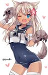  animal_ears blonde_hair blue_eyes blush claws covered_navel crop_top dog_ears dog_tail fang flower gloves hair_flower hair_ornament hibiscus kantai_collection long_hair one-piece_swimsuit one_eye_closed open_mouth paw_gloves paw_pose paws ro-500_(kantai_collection) sailor_collar school_swimsuit shijima_(sjmr02) solo swimsuit swimsuit_under_clothes tail twitter_username 