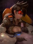  1boy 1girl abs brown_hair causticcrayon earrings eyes_closed girl_on_top gloves goggles gradient_background jacket overwatch parted_lips penis saliva short_hair spiked_hair tracer_(overwatch) uncensored 
