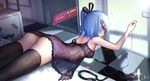  ass bili_girl_22 bilibili_douga black_panties blue_hair cable chemise electric_socket holographic_interface logo panties panties_removed red_eyes see-through short_hair side-tie_panties solo strap_slip thighhighs underwear wangchuan_de_quanyan 