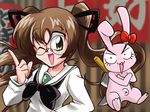  90s bangs black_bow blouse bow brown_eyes brown_hair bunny choroli_(chorolin) crossed_arms emblem freckles girls_und_panzer glasses hair_ribbon knife long_hair long_sleeves looking_at_viewer navel one_eye_closed ooarai_school_uniform oono_aya open_mouth parody pointing pointing_up red_bow ribbon round_eyewear school_uniform serafuku smile solo style_parody twintails upper_body white_blouse 