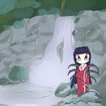  alasou anthro arachnid arthropod clothed clothing female hair long_hair purple_hair red_eyes solo spider waterfall 