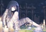  bandages bangs black_hair blood bloody_clothes blunt_bangs bracelet candle choker closed_mouth column cross expressionless flower jewelry lily_(flower) lily_pad long_hair looking_at_viewer makadamixa night original partially_submerged pillar red_eyes ruins solo veil water 