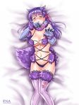 animal_ears artist_name ass_visible_through_thighs bangs bare_shoulders bed_sheet blue_gloves blush bow breasts claw_pose claws cleavage cosplay covering_mouth dakimakura dangerous_beast detached_collar elbow_gloves eyebrows eyebrows_visible_through_hair fang fate/grand_order fate/stay_night fate_(series) feet_out_of_frame fur_trim glint gloves hair_ribbon halloween_costume heart heart-shaped_pupils heavy_breathing highres knees_together_feet_apart lace lace-trimmed_thighhighs long_hair looking_at_viewer lying mash_kyrielight mash_kyrielight_(cosplay) matou_sakura medium_breasts navel o-ring on_back on_bed open_mouth palms panties pink_bow pink_ribbon purple_legwear purple_panties revealing_clothes ribbon rna_(angel-smelter) shade shiny shiny_clothes shiny_skin solo stomach strap_gap symbol-shaped_pupils tail thigh_gap thighhighs underboob underwear wavy_mouth wet wet_clothes wet_panties wolf_ears 