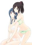  black_hair blue_eyes blue_hair blush bra hibike!_euphonium hug hug_from_behind kasaki_nozomi kneeling long_hair looking_up multiple_girls panties ponytail sitting sitting_on_floor stomach takahashi_mugi thighs underwear wariza white_background yoroizuka_mizore 