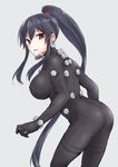  back bad_id bad_pixiv_id bangs black_bodysuit black_hair bodysuit breasts cosplay eyebrows eyebrows_visible_through_hair from_behind gantz gantz_suit grey_background highres kantai_collection kodera_ju large_breasts leaning_forward long_hair looking_at_viewer looking_back ponytail red_eyes simple_background solo thigh_strap very_long_hair yahagi_(kantai_collection) 