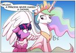  2016 avian bird chicken crown cutie_mark dialogue english_text equine feathered_wings feathers female feral fj-c friendship_is_magic group hair horn jewelry long_hair mammal multicolored_hair my_little_pony necklace princess_celestia_(mlp) sitting text twilight_sparkle_(mlp) white_feathers winged_unicorn wings 