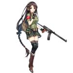  black_gloves black_legwear boots braid breasts canteen chilunchilun fingerless_gloves full_body girls_frontline gloves gun headphones holding holding_gun holding_weapon large_breasts long_hair looking_at_viewer pouch purple_eyes sleeveless smile solo thighhighs transparent_background type_64_(girls_frontline) very_long_hair weapon 