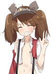  blush brown_hair clenched_teeth closed_eyes coupon_(skyth) dirty eyebrows eyebrows_visible_through_hair flat_chest grin kantai_collection navel open_clothes ryuujou_(kantai_collection) short_hair simple_background smile solo teeth torn_clothes twintails upper_body visor_cap w white_background 