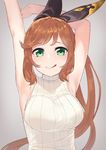  :q armpits arms_up bangs bare_arms black_ribbon blush bow breasts brown_hair casual clarisse_(granblue_fantasy) gloves granblue_fantasy green_eyes grey_background hair_ribbon highres large_breasts long_hair looking_at_viewer ponytail ribbed_sweater ribbon skin_tight sleeveless sleeveless_turtleneck smile solo sweater tofu1601 tongue tongue_out turtleneck upper_body white_sweater 