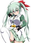  1girl black_panties blush breasts einhart_stratos green_eyes green_hair heterochromia large_breasts lyrical_nanoha mahou_shoujo_lyrical_nanoha_vivid panties pruple_eyes skirt solo thighhighs underwear upskirt vivid_strike! 