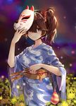  bangs between_fingers blurry breasts brown_hair chrysanthemum closed_mouth cowboy_shot depth_of_field eyebrows eyebrows_visible_through_hair fireflies fish flower food fox_mask hair_ornament hair_over_eyes hair_over_one_eye highres holding holding_mask japanese_clothes kaga_(kantai_collection) kantai_collection kimono light_particles long_sleeves looking_at_viewer mask mask_on_head medium_breasts night night_sky obi print_kimono purple_eyes red_ribbon ribbon sash saury side_ponytail sky smile solo star_(sky) starry_sky stick striped tassel water_yoyo wide_sleeves yamano_(yamanoh) yellow_flower 