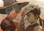  1girl bandaid bandaid_on_nose black_hair commentary finger_to_another's_nose frown genji_(overwatch) halloween_costume hat mercy_(overwatch) monochrome ninja open_mouth overwatch sae_(revirth) sepia smile witch_hat witch_mercy younger 