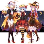  ;d bat_wings bespectacled black_legwear bloomers blue_hair braid breasts broom candy cape coattails corset crescent ekita_xuan elbow_gloves food glasses gloves green_eyes halloween halloween_costume hat highres izayoi_sakuya jack-o'-lantern long_hair looking_at_viewer multiple_girls one_eye_closed open_mouth patchouli_knowledge pumpkin pumpkin_hat purple_eyes purple_hair red_eyes red_gloves red_skirt remilia_scarlet scepter short_hair skirt small_breasts smile standing striped striped_legwear thighhighs torn_clothes torn_legwear touhou twin_braids underwear wings witch_hat 