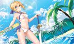  ahoge armpits artoria_pendragon_(all) artoria_pendragon_(swimsuit_archer) bare_arms bare_legs bare_shoulders barefoot beach bikini blonde_hair blue_bow blue_sky blush bow breasts cleavage cleavage_cutout closed_mouth cloud collarbone criss-cross_halter day dutch_angle excalibur eyebrows eyebrows_visible_through_hair fate/grand_order fate_(series) glowing glowing_sword glowing_weapon green_eyes hair_bow halter_top halterneck holding holding_sword holding_weapon leg_up lens_flare looking_at_viewer medium_breasts navel outdoors palm_tree plant sheath shirako_miso shore short_hair sky smile solo standing standing_on_one_leg stomach summer sunlight swimsuit sword tree unsheathed water water_drop water_gun weapon white_bikini 