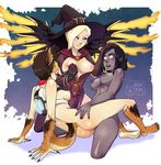 3girls alternate_costume animal_ears areolae ass blonde_hair blue_eyes breasts brown_hair claws earrings fang glowing_eyes goggles halloween halloween_costume hand_on_another&#039;s_head mechanical_wings mercy_(overwatch) multiple_girls my_pet_tentacle_monster nipples open_mouth open_shirt overwatch pharah_(overwatch) short_hair side_boob spiked_hair sweat tail teeth tongue_out tracer_(overwatch) werewolf witch witch_hat zombie 