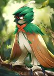  decidueye feathered_wings feathers gen_7_pokemon highres kenshih leaf no_humans pokemon pokemon_(creature) red_eyes solo tree wings 