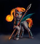  armor changeling eyebrows fan_character feral hair hooves horn insect_wings jewelry l1nkoln melee_weapon my_little_pony necklace orange_eyes orange_hair polearm smile solo spear standing weapon wings 