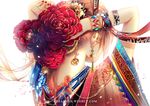  arms_up bad_id bad_pixiv_id bracelet chain creamsea cross earrings feathers flower from_behind gem gold_chain hair_ornament jewelry orange_hair original peony_(flower) red_flower red_rose ribbon rose solo watermark web_address white_background 