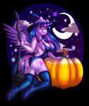  2016 anthro anthrofied breasts broom butt cleavage clothed clothing cutie_mark equine feathered_wings feathers female food friendship_is_magic fruit hair halloween hat hi_res holding_object holidays horn long_hair looking_at_viewer mammal mrfatcakes my_little_pony open_mouth pumpkin purple_feathers solo twilight_sparkle_(mlp) winged_unicorn wings witch_hat 