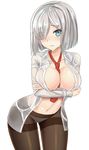  areola_slip areolae between_breasts blue_eyes breasts collarbone crossed_arms dripping eyebrows eyebrows_visible_through_hair eyes_visible_through_hair hair_ornament hair_over_one_eye hairclip hamakaze_(kantai_collection) highres kantai_collection large_breasts leaning_forward looking_at_viewer navel necktie necktie_between_breasts open_clothes open_shirt panties panties_under_pantyhose pantyhose shirt short_hair silver_hair simple_background sin_(kami148) solo underwear wet wet_clothes white_background white_panties 