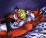  2015 anthro bed black_fur black_nose blonde_hair brown_fur canine cuddling digital_media_(artwork) duo dutch_angle eyes_closed fingerless_(marking) fox foxeh fur green_eyes hair inner_ear_fluff lying male male/male mammal multicolored_fur nude on_back on_bed orange_fur pattern_background pink_nose red_fur signature simple_background sleeping sunrisefox white_fur yaoi-no-mikan 