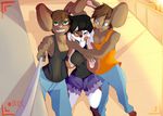  anthro clothed clothing coffeesheizen female fur group hair lagomorph looking_at_viewer male mammal rabbit selfie_stick smile standing teeth 