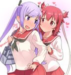  blush bone_hair_ornament hair_ribbon heart kamiya_agari multiple_girls open_mouth red_eyes red_hair ribbon rkrk school_uniform shakunetsu_no_takkyuu_musume short_hair short_twintails tsumujikaze_koyori twintails yuri 