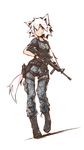  animal_ears assault_rifle boots camouflage camouflage_pants cat_ears combat_boots deel_(rkeg) gloves gun handgun head_tilt highres holding holding_gun holding_weapon holster m4_carbine marinya military original pants pink_eyes pistol rifle scope shirt short_hair simple_background sketch sling smile solo spiked_hair t-shirt tail thigh_holster trigger_discipline walking weapon white_background white_hair 