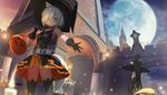  animal_ears black_hair blue_hair ccaw clock clock_tower commentary grey_hair halloween hat highres moon multiple_girls night night_sky original outstretched_arm pumpkin scenery sky tail thighhighs tower witch witch_hat 