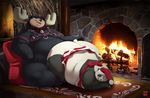  antlers bangabear_(character) bear bell bent_over bow breasts christmas clothing collar fire fireplace gillpanda gillpanda_(character) harness hat holidays horn mammal overweight panda pillow santa_hat skirt 