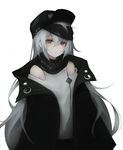  :/ bare_shoulders black_jacket blue_hair blush brown_eyes closed_mouth eyebrows eyebrows_visible_through_hair g11_(girls_frontline) girls_frontline gyup hair_between_eyes hat head_tilt highres jacket long_hair open_clothes open_jacket shirt simple_background solo very_long_hair white_background white_shirt 