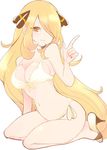  bikini blonde_hair breasts chorimokki cleavage front-tie_top full_body hair_over_one_eye high_heels large_breasts long_hair pointing pointing_up pokemon pokemon_(game) pokemon_dppt shirona_(pokemon) shoes side-tie_bikini sitting smile solo swimsuit white_background yellow_eyes 